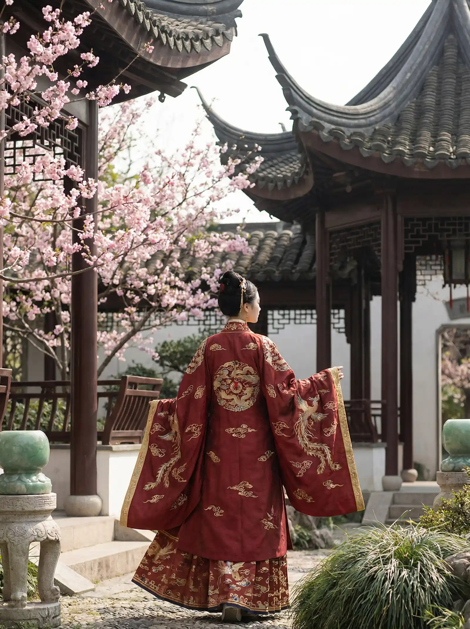 濑田奏惠 明制汉服红色凤凰刺绣
